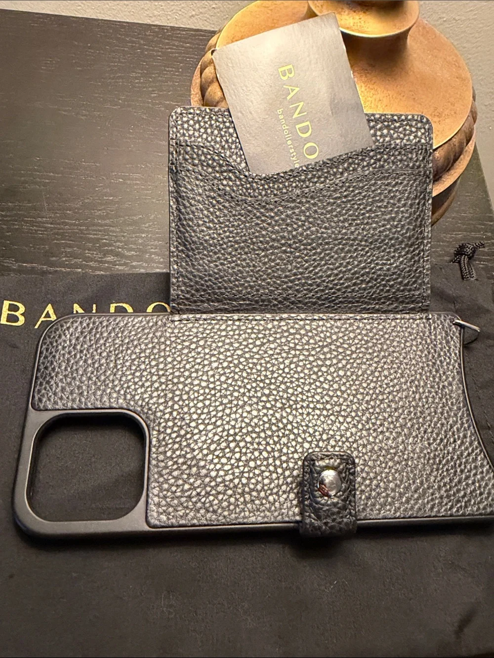 Bandolier Black Pebbled Leather Crossbody Wallet Phone Case with Gold Logo